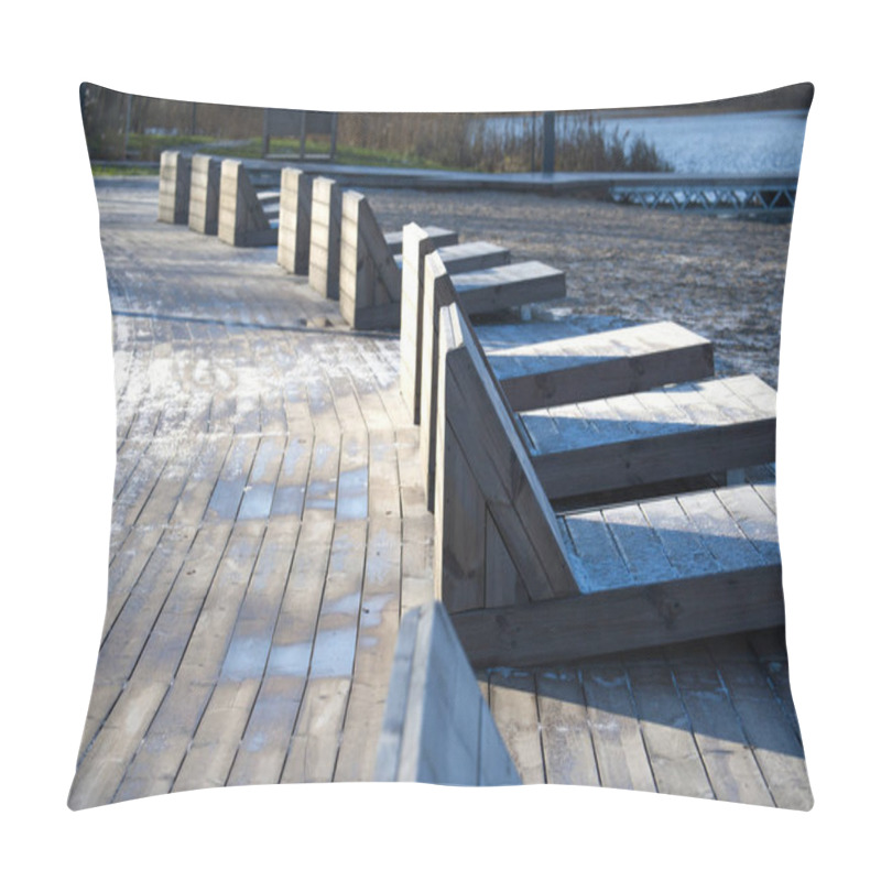 Personality  Wooden Loungers Covered With Frost On A Beach Boardwalk During A Cold Winter Morning. The Empty Setting Suggests Tranquility And Solitude, With The Texture Of Frost Creating A Serene Atmosphere. Pillow Covers