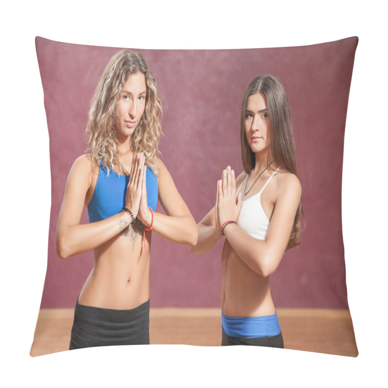 Personality  Two Young Girls Doing Yoga Indoors Pillow Covers