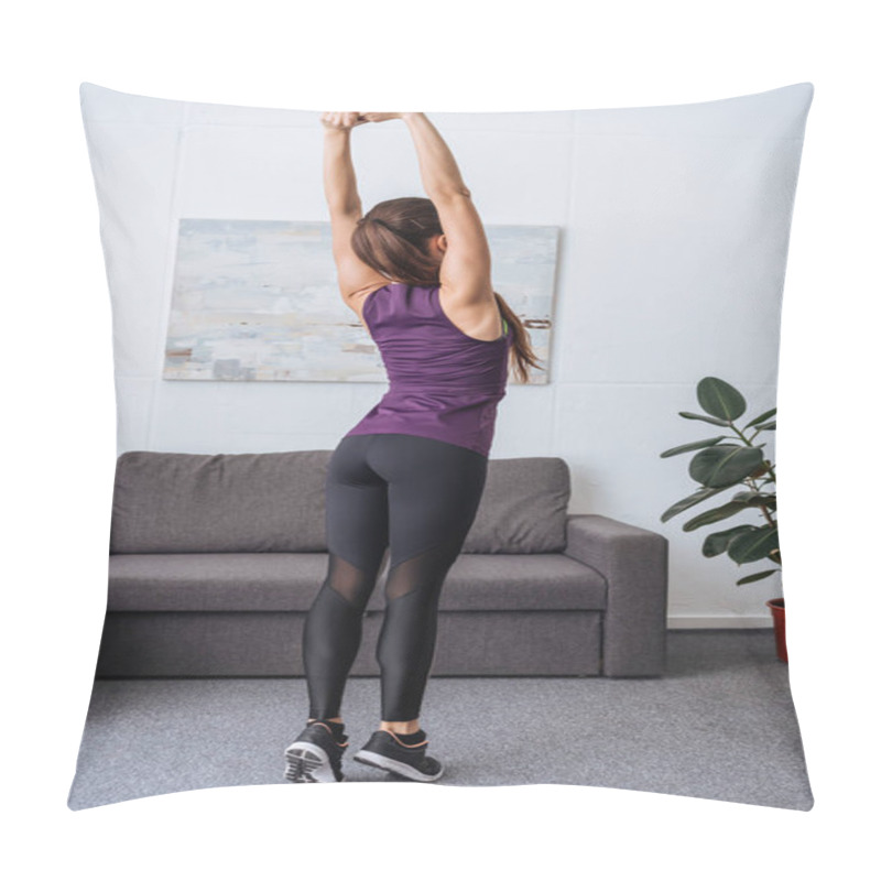 Personality  Back View Of Young Sportswoman Stretching Before Workout At Home Pillow Covers