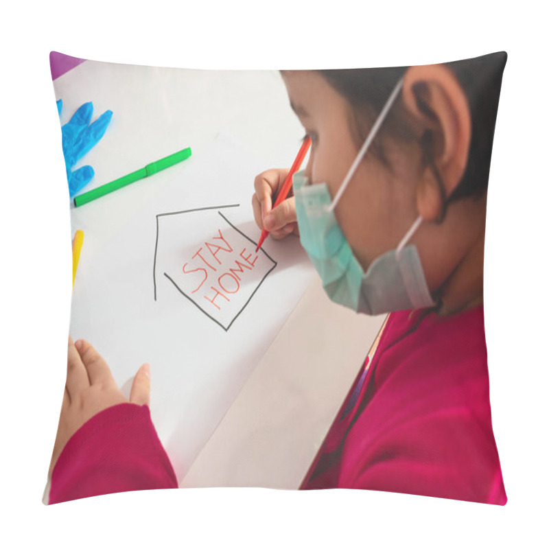 Personality  Little Young Girl With Stay Home Draw. Coronavirus Quaranatine Concept Pillow Covers