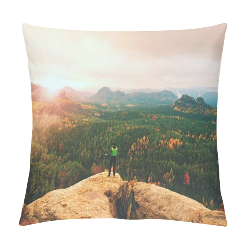 Personality  Photographer Working With Mirror Camera And Tripod On Peak Of Rock. Dreamy Fogy Landscape Pillow Covers