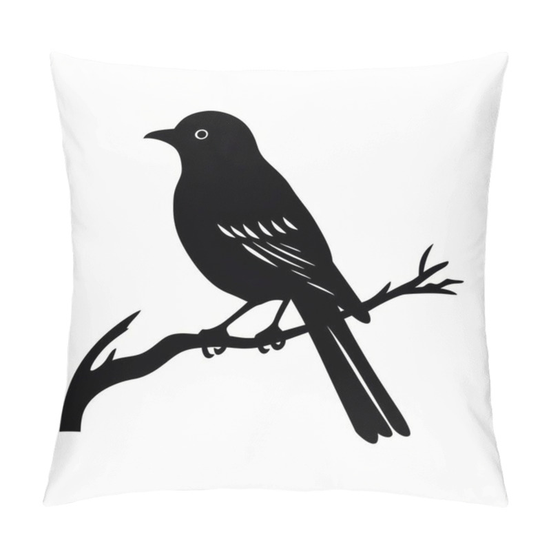 Personality  A Sleek Black Silhouette Of A Bird Perched On A Branch, Showcasing Its Elegant Profile Against A White Background. Pillow Covers