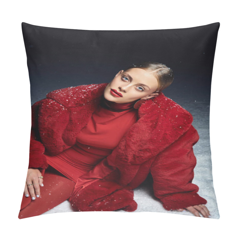 Personality  A Young Woman Wearing A Vibrant Red Ensemble Relaxes Against A Snowy Backdrop, Radiating Elegance. Pillow Covers