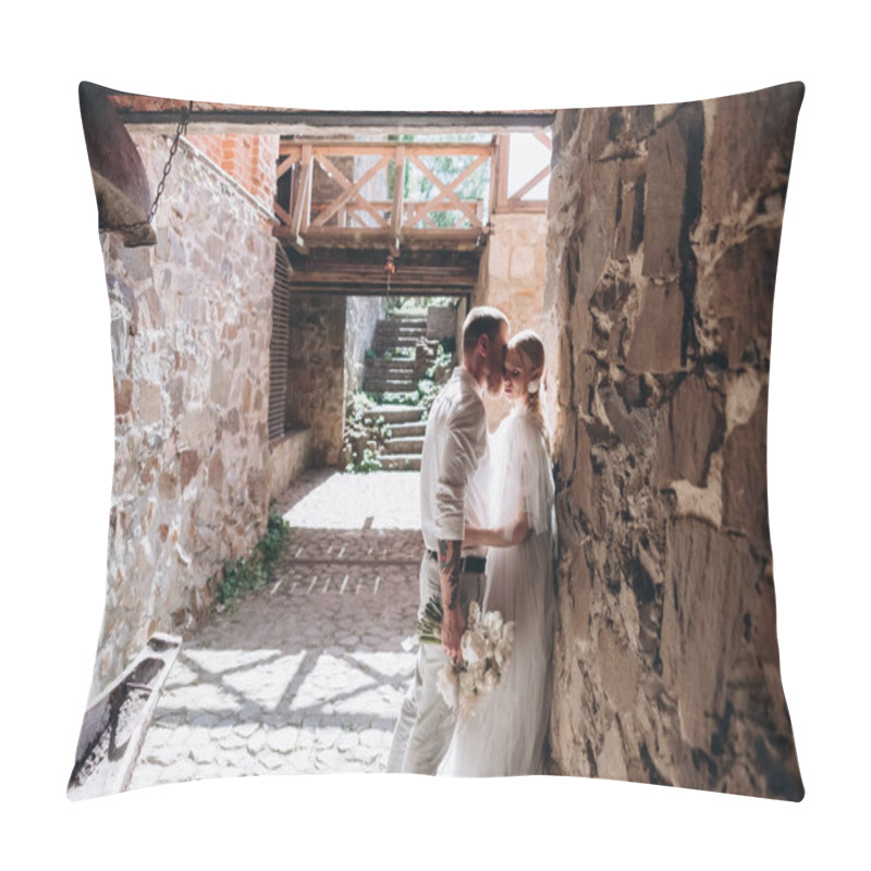 Personality  Beautiful Young Cuddling Bride And Groom Inside Of Ancient Building Pillow Covers