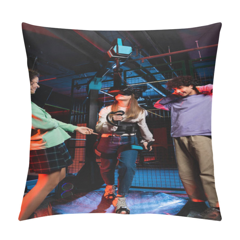 Personality  Cheerful Multiethnic Friends Laughing Near Girl Gaming On Vr Platform Pillow Covers