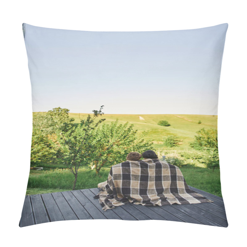 Personality  Back View Of Young Couple Sitting On Wooden Porch Under Plaid Blanket And Enjoying Scenic Landscape Pillow Covers