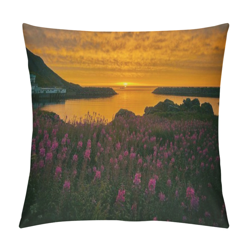 Personality  Vibrant Sunset Over A Tranquil Bay With Wildflowers In The Foreground. Pillow Covers