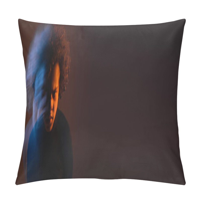 Personality  Long Exposure Of Injured African American Man With Bipolar Disorder And Bleeding Face On Black Background With Orange And Blue Light, Banner Pillow Covers