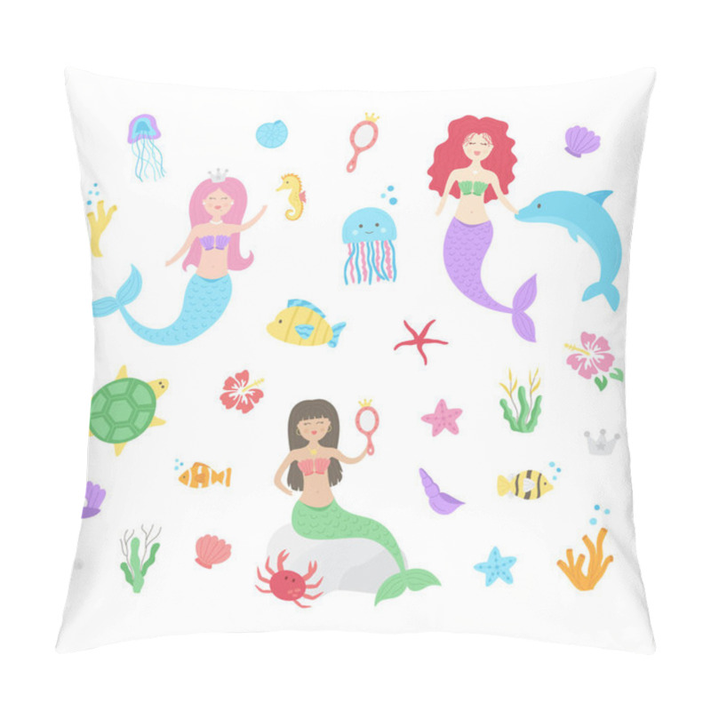 Personality  Cute Mermaid Underwater Vector Illustration Set. Mermaid Girls, Princesses, Ocean Animals And Plants Collection. Isolated. Pillow Covers