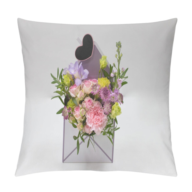 Personality  Discreet Floral Arrangement Of Fresh Flowers In A Box In The Form Of An Envelope On A Light Background. (Flowers: Carnation, Rose,, Leaves. Colors: Pink, Green, Yellow). Pillow Covers