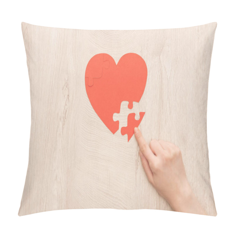 Personality  Cropped View Of Woman Pointing With Finger To Puzzle Of Heart  Pillow Covers