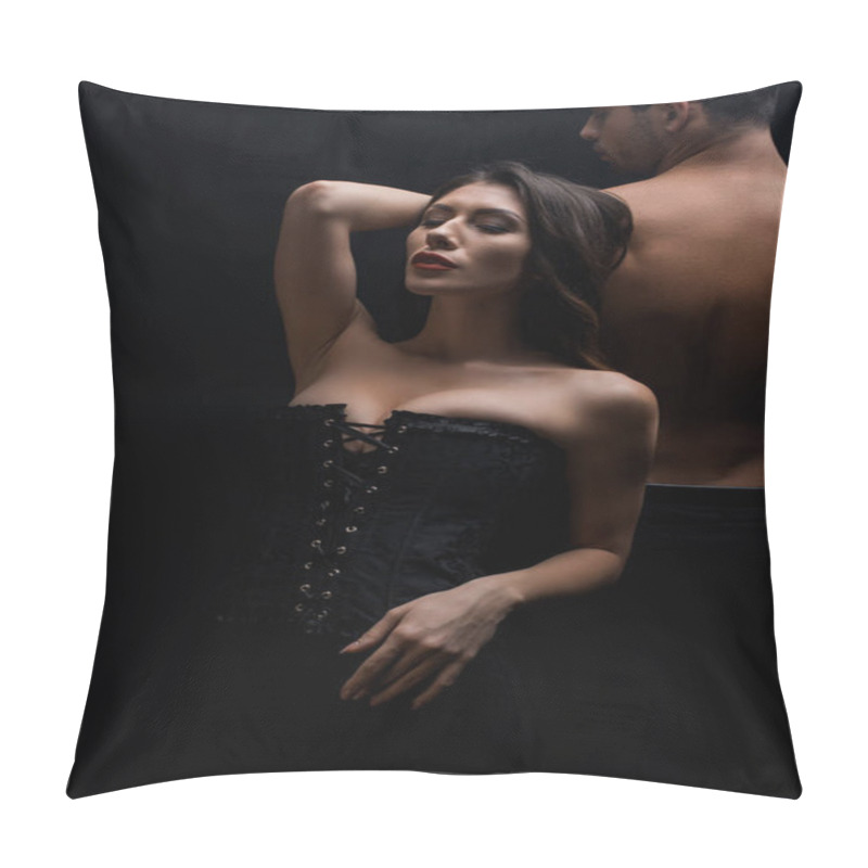 Personality  Sexy Woman In Corset Standing By Shirtless Man Isolated On Black Pillow Covers