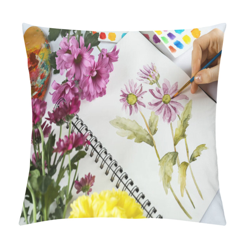 Personality  Woman Painting Chrysanthemums In Sketchbook And Flowers At White Table, Closeup Pillow Covers