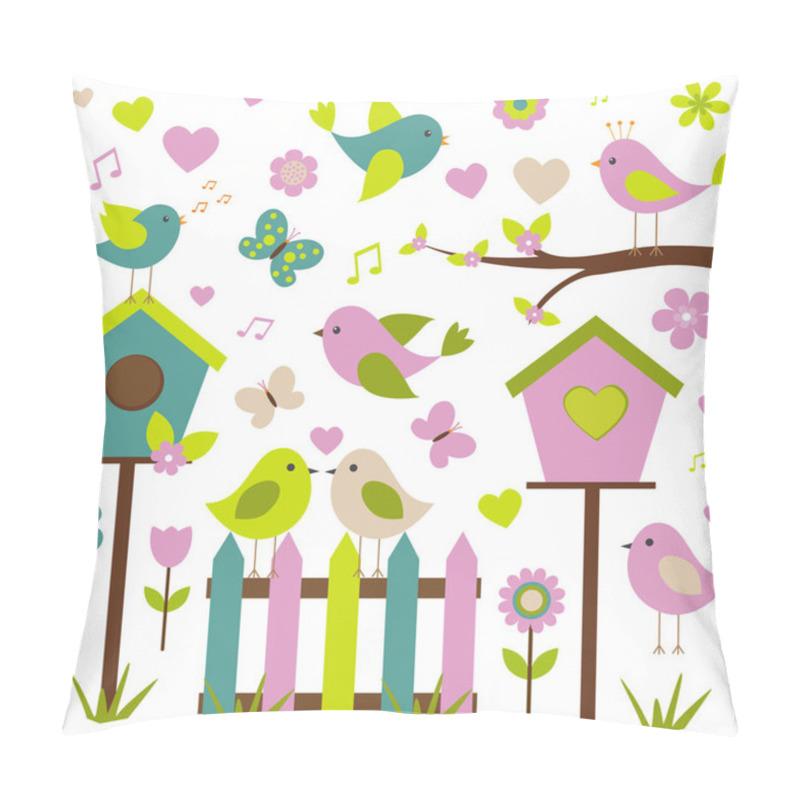 Personality  Vector Set Of Spring Theme. Love Birds, Spring Plants And Butterflies. Pillow Covers