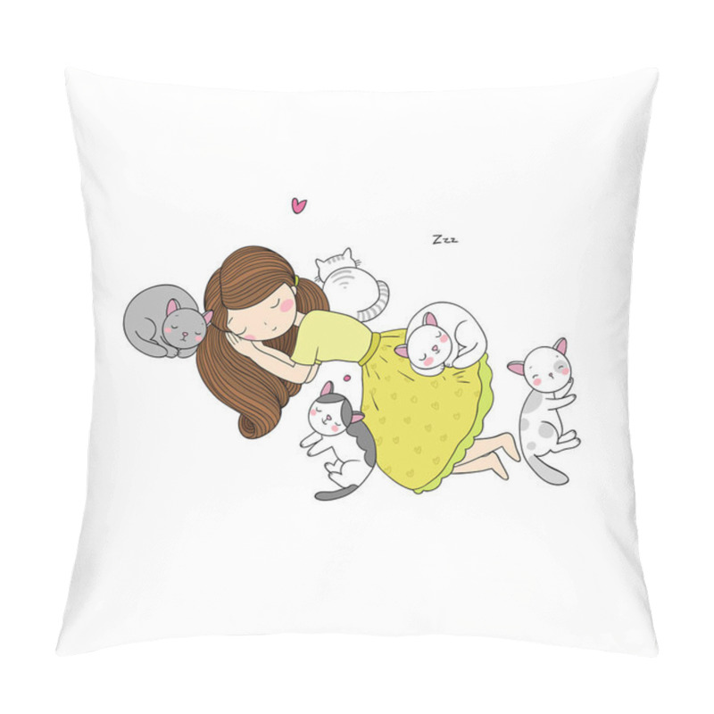 Personality  A Cartoon Girl And Cute Cats Sleeping. Lovely Pets. Pillow Covers