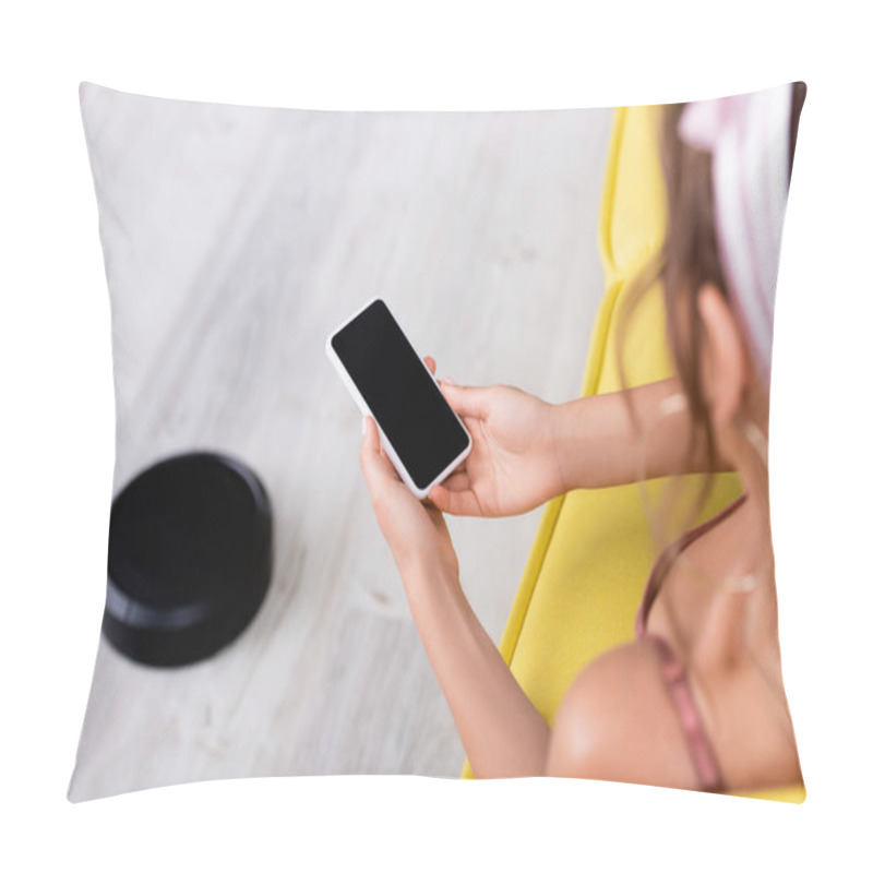 Personality  Selective Focus Of Housewife Using Smartphone While Sitting On Couch Near Robotic Vacuum Cleaner  Pillow Covers