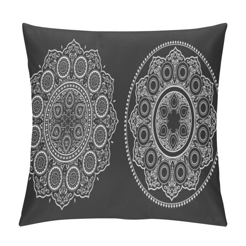 Personality  Boho White Floral Mandala Line Art , Vector Set. Yoga Vector Template, Circular Pattern. Round Mandala Isolated On Black Background Pillow Covers