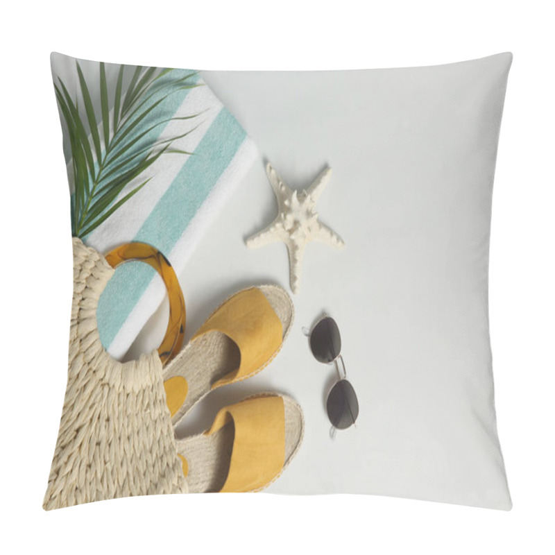 Personality  Composition With Stylish Beach Accessories On White Background, Top View Pillow Covers