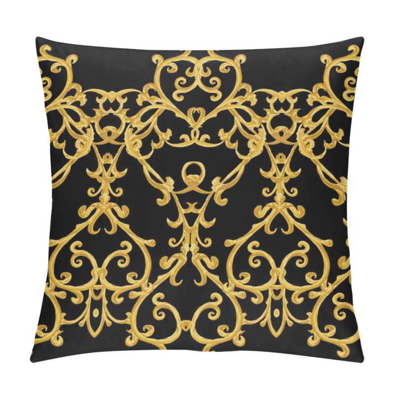 Personality  Seamless Pattern. Golden Textured Curls. Oriental Style Arabesques. Brilliant Lace, Stylized Flowers. Openwork Weaving Delicate, Golden Background. Pillow Covers