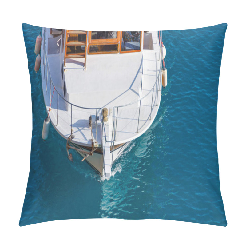 Personality  Aerial Drone Top Down Photo Of Luxury Yacht Nose With Wooden Deck Anchored In Paradise Exotic Turquoise Bay Pillow Covers