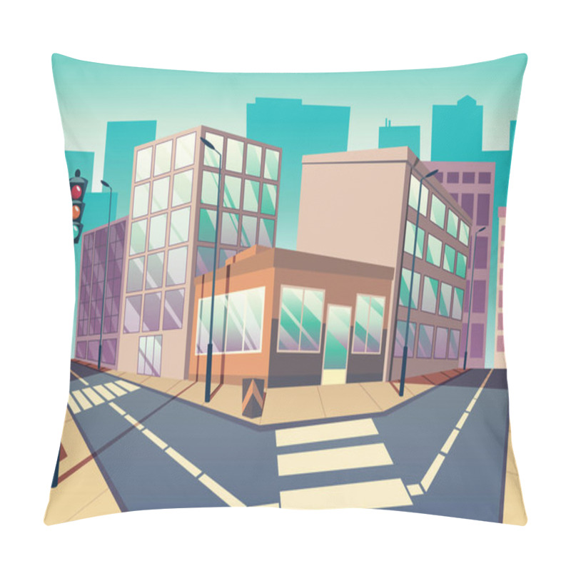 Personality  City Road. Urban Street Landscape With Crossroad And Traffic Light, Buildings With Small Shops And Other Commercial Premises. Empty Downtown Roads Pillow Covers