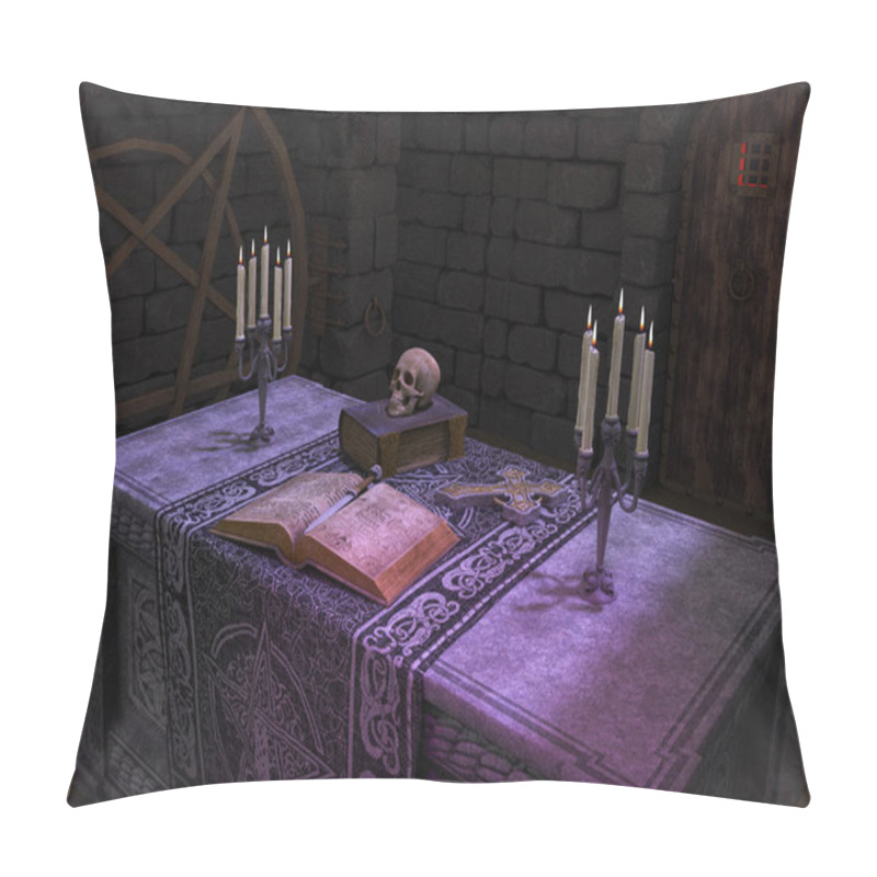 Personality  A Scene Of A Dark Ritual Altar, With A Book, A Skull, A Dagger In A Creepy Abandoned Room.  Pillow Covers