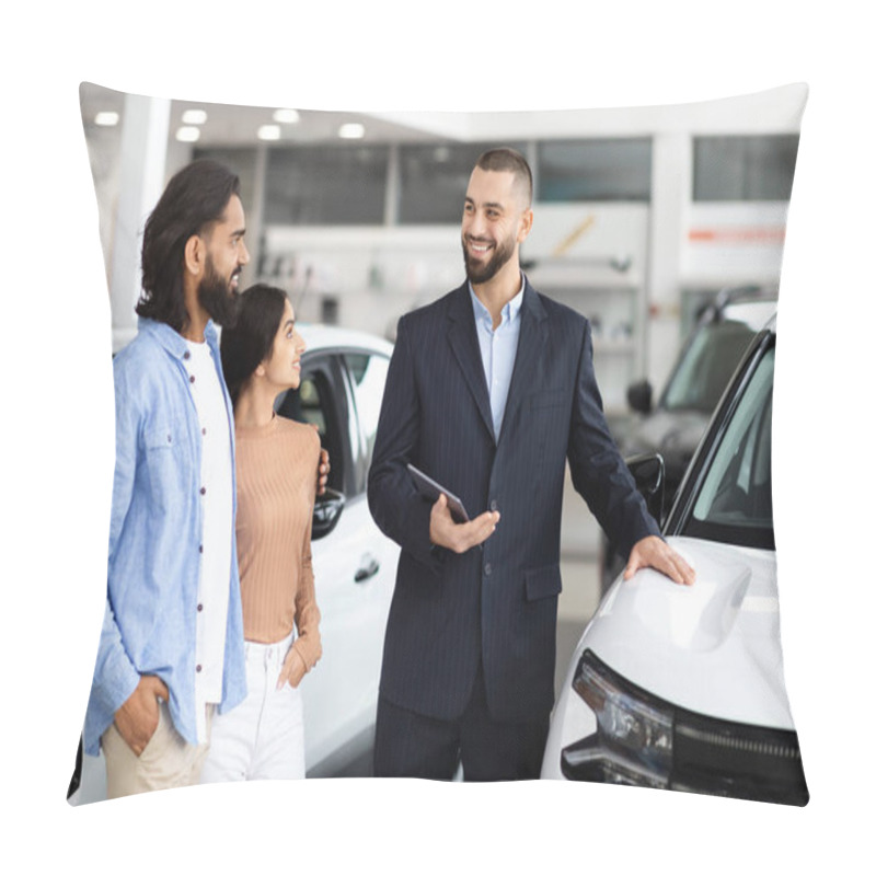 Personality  A Car Dealership Interaction Where A Salesman Smiles While Discussing With Indian Couple Beside A Vehicle Pillow Covers