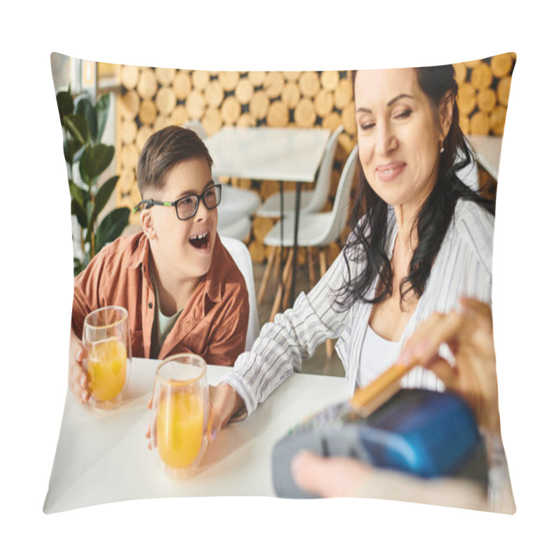 Personality  Beautiful Jolly Mother Paying With Credit Card Next To Her Inclusive Son With Down Syndrome In Cafe Pillow Covers