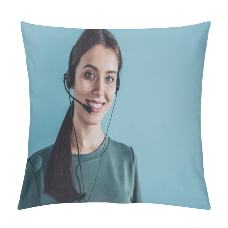 Personality  Attractive Smiling Female Call Center Worker Looking At Camera Isolated On Blue Pillow Covers