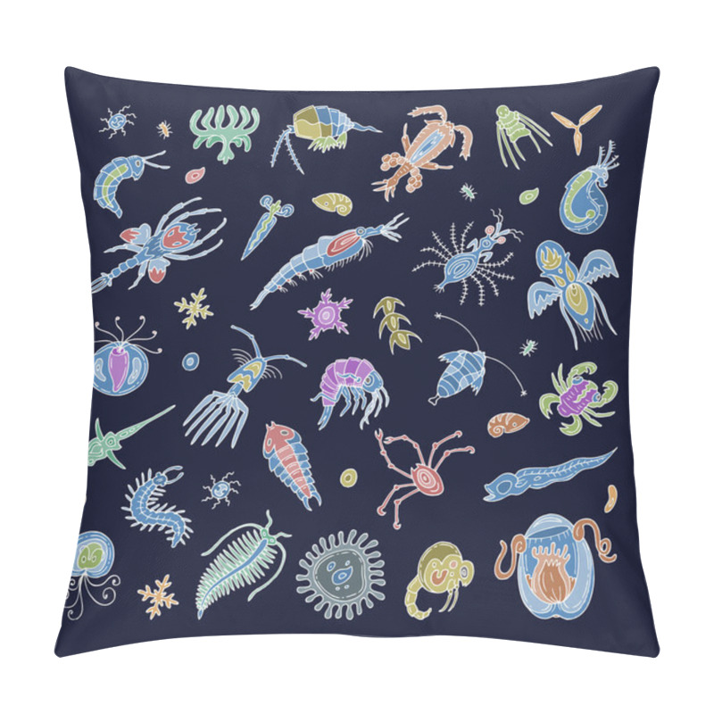 Personality  Plankton vector aquatic phytoplankton and planktonic microorganism under microscope illustration set of micro cell organism in microbiology underwater in ocean or sea isolated on background pillow covers