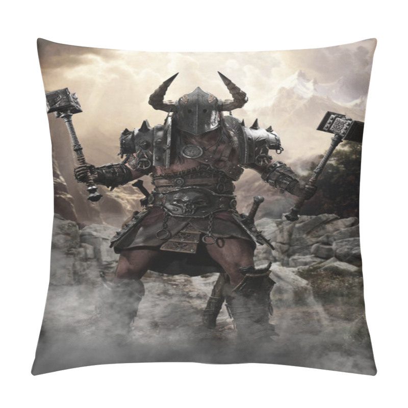 Personality  A Great Fantasy Warrior Stands High Atop The Mountain Pass Ready For Battle. 3d Rendering Pillow Covers