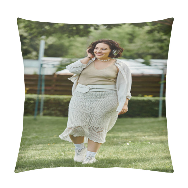 Personality  A Young Woman Strolls Happily In A Vibrant Green Park, Enjoying A Sunny Summer Afternoon. Pillow Covers