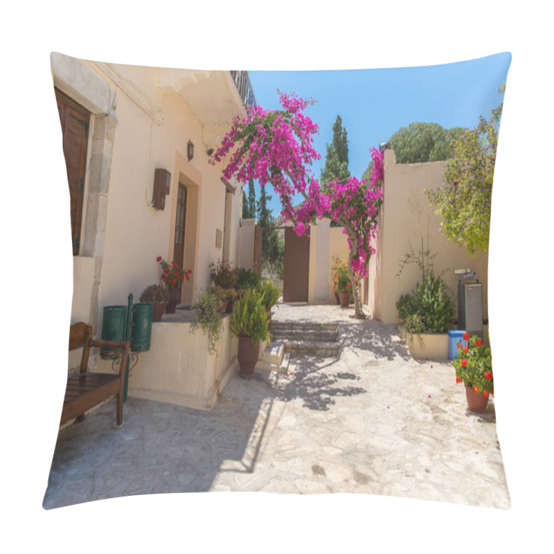 Personality  Branches Of Flowers Pink Bougainvillea Bush On Balcony In Street, Crete, Greece Pillow Covers