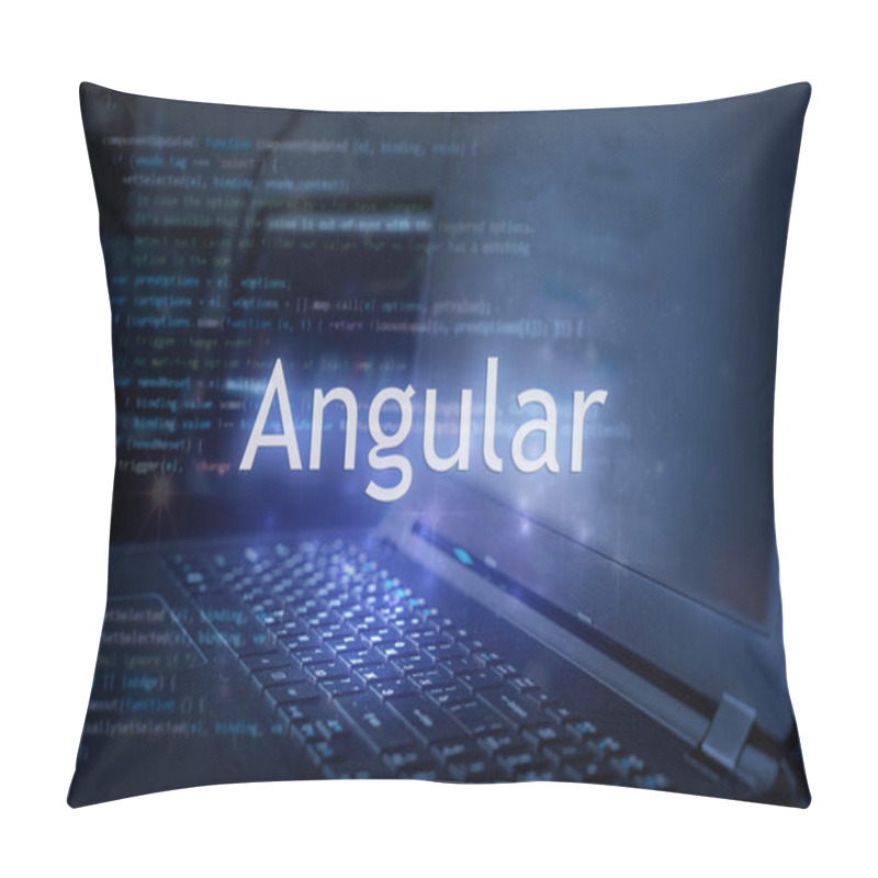 Personality  Angular Inscription Against Laptop And Code Background.  Learning Angular Programming Language. Pillow Covers