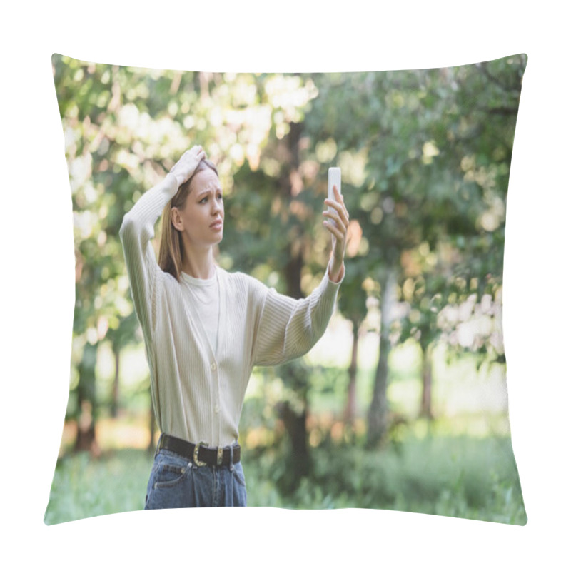 Personality  Worried Young Woman With Smartphone Searching Mobile Service In Park  Pillow Covers