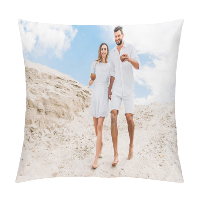 Personality  Happy Young Couple In White With Coconut Cocktails Walking On Sandy Dunes Pillow Covers