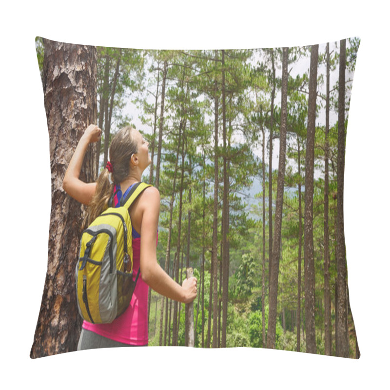 Personality  Portrait Of Happy Traveler Woman  In Forest Enjoying Sunny Day Pillow Covers