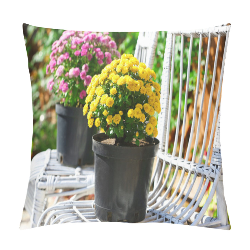 Personality  Yellow And Lilac Flowers In Pots On White Wicker Chairs In Garden Pillow Covers