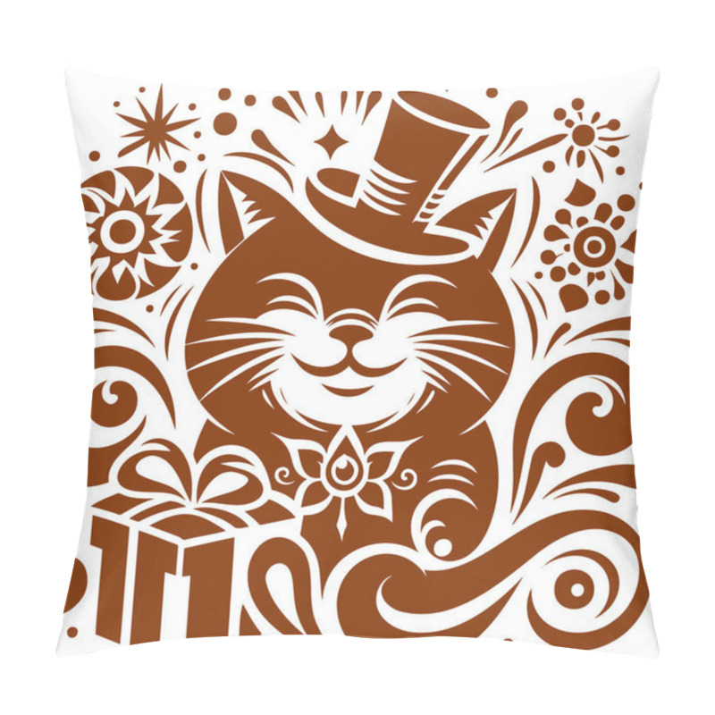 Personality  Christmas Cat With Ornate Patterns And A Ribboned Gift Vector Illustration Great For Festive Marketing Materials Pillow Covers