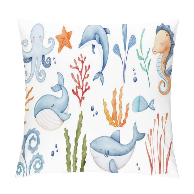 Personality  A Set Of Sea Animals Illustrations. Cute Whale, Squid, Octopus, Fish, Seahorse, Sea Plants. Underwater Life. Fish And Wild Sea Animals Isolated On White Background. Watercolor Style. Pillow Covers