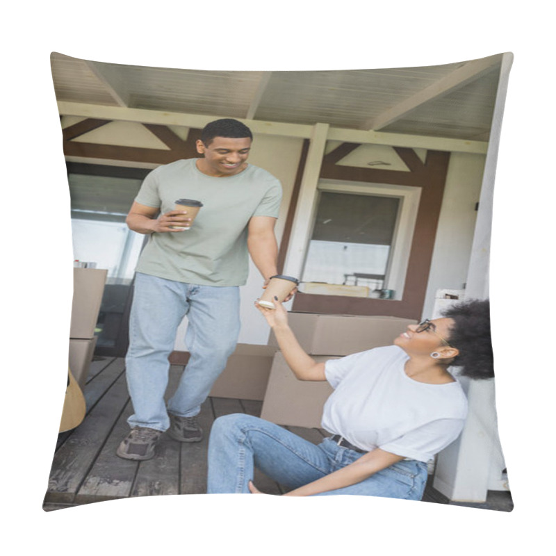 Personality  Smiling African American Man Giving Coffee To Go To Girlfriend On Porch Of New House Pillow Covers