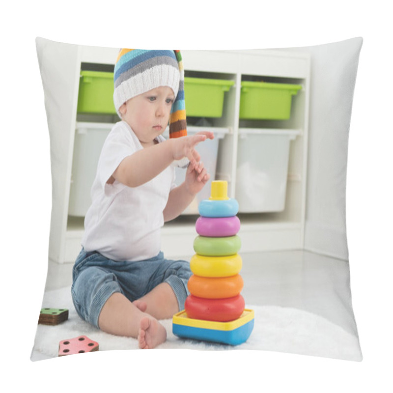 Personality  Baby Toddler Boy Playing With Pyramid At Home. Developing Games For Children. Pillow Covers