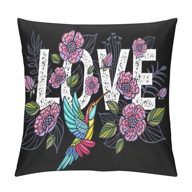 Personality  Embroidery Hummingbird, Love, Palm Tree Leaves, Flowers Tropical Art Patch. Fashionable Embroidery Tropical Summer Background. Template Design Clothes, T Shirt. Hand Drawn Vector. Pillow Covers