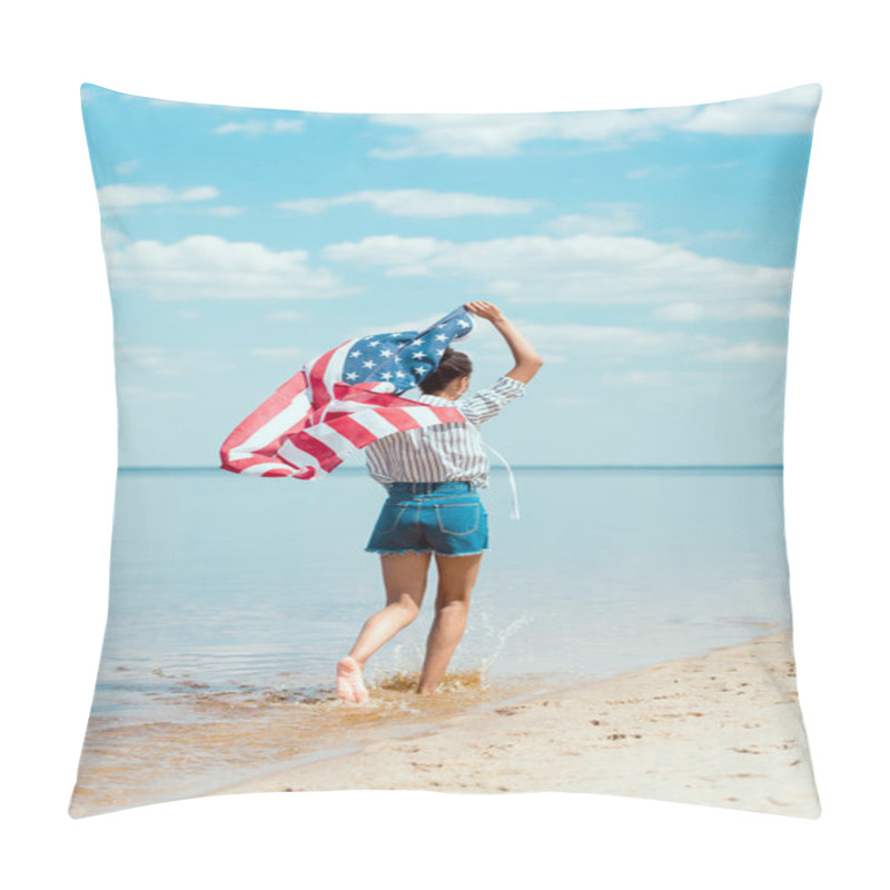 Personality  Rear View Of Young Woman Running In Sea Water With American Flag, Independence Day Concept Pillow Covers