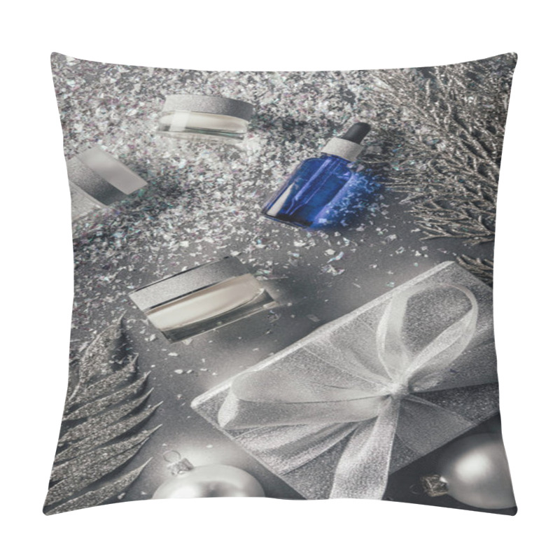 Personality  Elevated View Of Composition With Beauty Cream, Serum, Micellar Water And Christmas Decorations On Silver  Pillow Covers