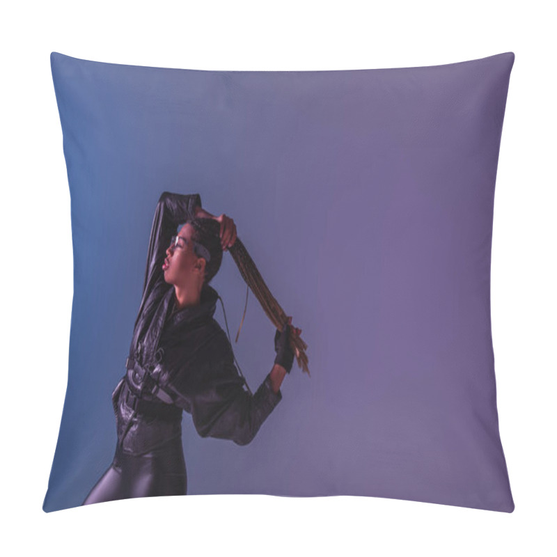 Personality  Side View Of Stylish African American Woman In Smart Glasses Holding Pigtails On Blue And Purple Background  Pillow Covers