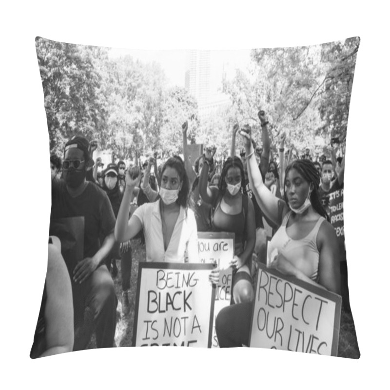 Personality  TORONTO, ONTARIO, CANADA - JUNE 6, 2020: Anti-Racism March, In Solidarity With Black Lives Matter And Against The Death Of George Floyd And Police Injustice. Pillow Covers