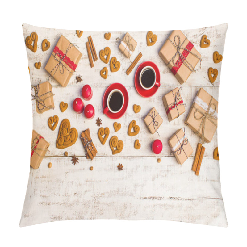 Personality  Two Red Coffee Cups, Cookies In The Shape Of A Heart And Gifts  Pillow Covers