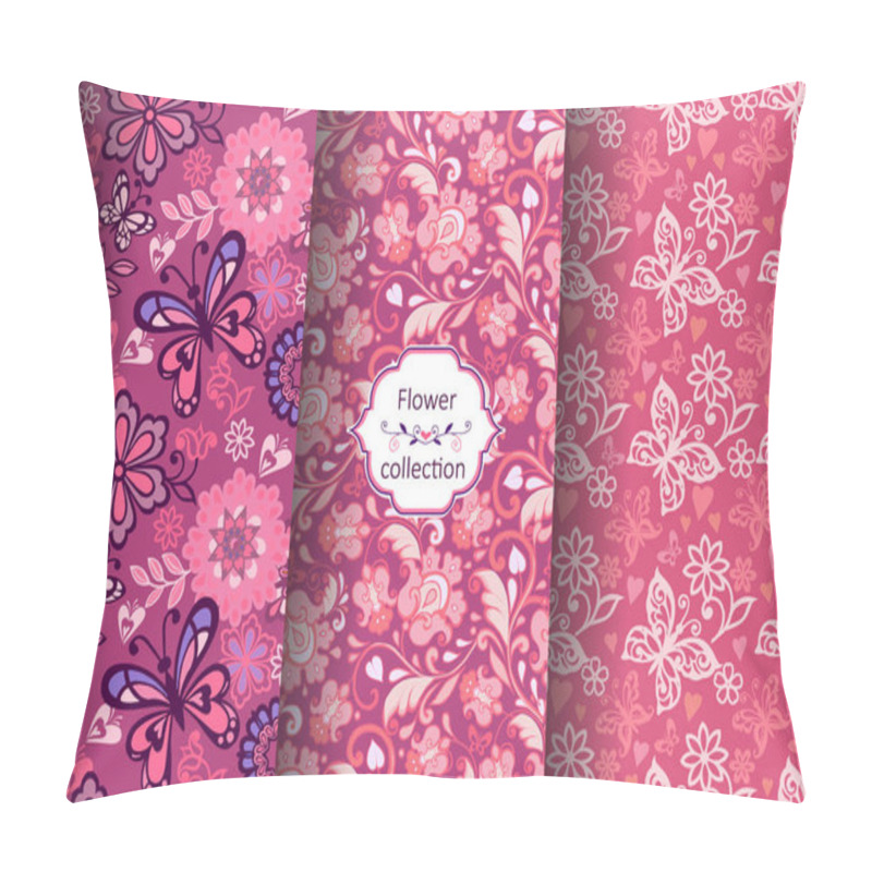 Personality  Pink Set Of Seamless Floral Pattern With Hearts. Cute Floral Ornaments. Elegant Decorative Ornament For Wallpaper, Fabric, Paper, Invitation. Pillow Covers