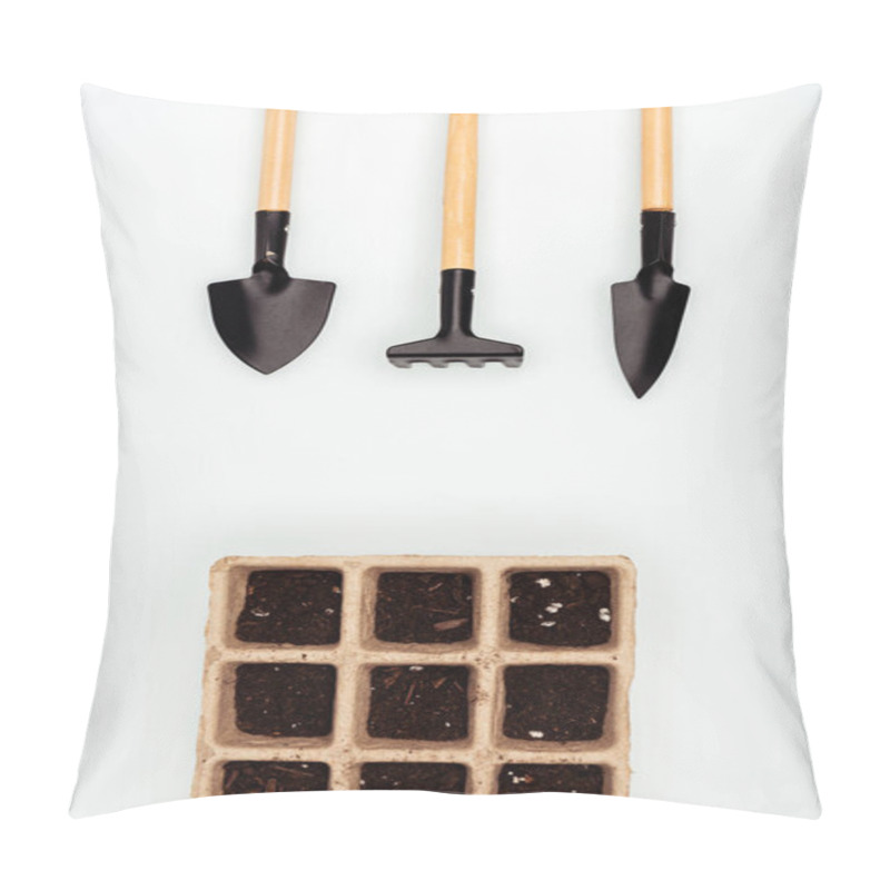 Personality  Top View Of Flower Pots With Garden Shovel, Rake And Hoe Isolated On White, Earth Day Concept Pillow Covers